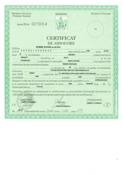 Diploma Daniela Dobre Consilier dezvoltare Brașov